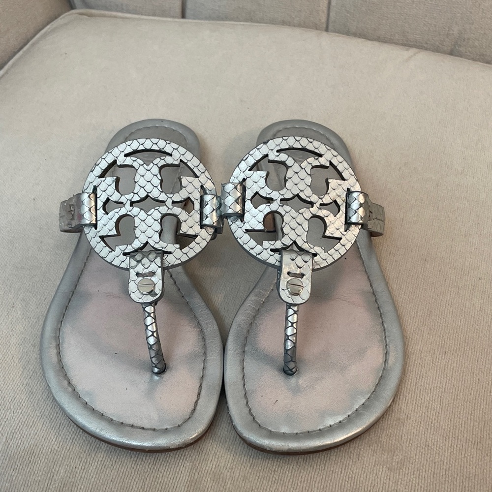 Tory Burch Metallic Silver Snake Embossed Sandals